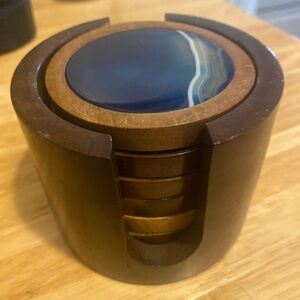 Blue agate Geode Rock Coasters with wooden holder